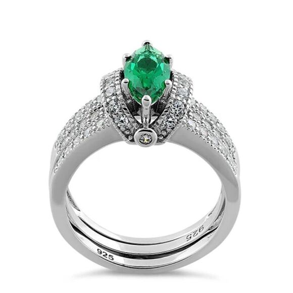 Sterling Silver Marquise Emerald Set Ring New - Picture 3 of 4